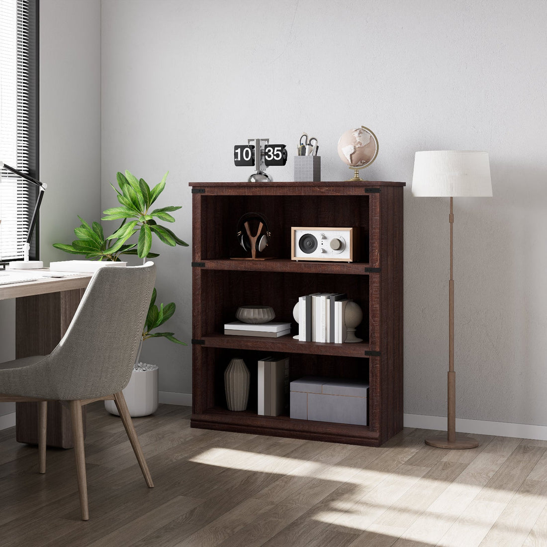 Garvee Bücherregal 4 Ebenen 80 x 32 x 102 cm, breites Standregal aus Holz mit 3 Regalbereichen, stabiles Aufbewahrungsregal im Industrie-Look, Rotbraun