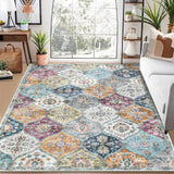 Garvee Vintage Wohnzimmerteppich 160x230 cm, Blumendesign-Teppich mit Rautenmuster fürs Schlafzimmer, Rutschfester Kurzflor Teppich für Büro Esszimmer Kinderzimmer, Gelb Lila - Gelb Lila