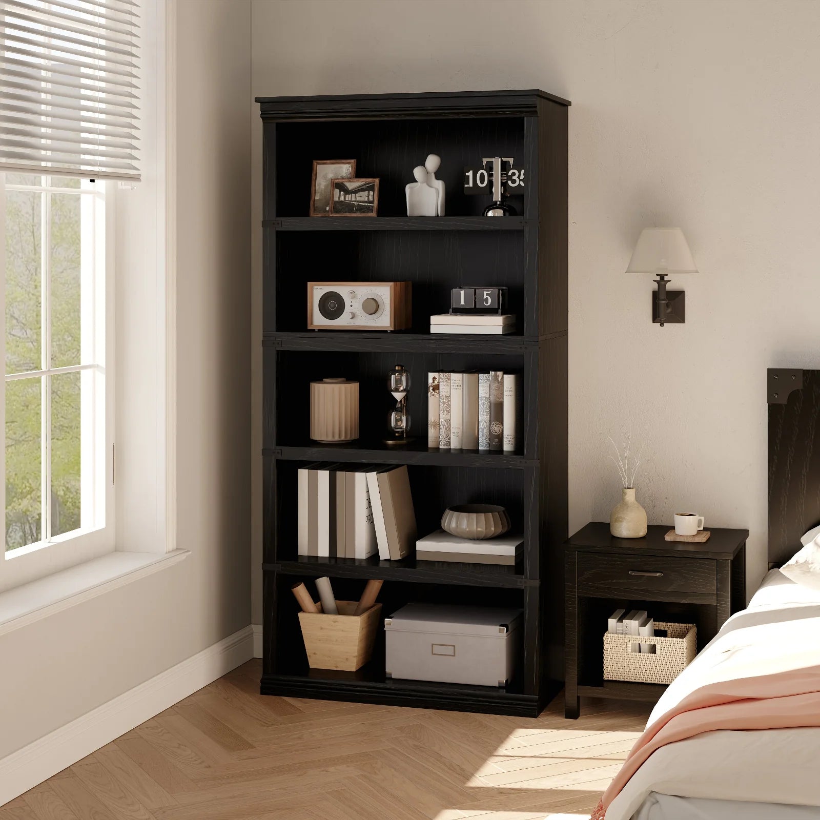 Garvee Bücherregal 171 cm, 5-stöckiges Standregal im Landhausstil, offenes Holzregal mit 5 Ablagen und Stauraum, für Homeoffice, Wohnzimmer & Schlafzimmer, Schwarz