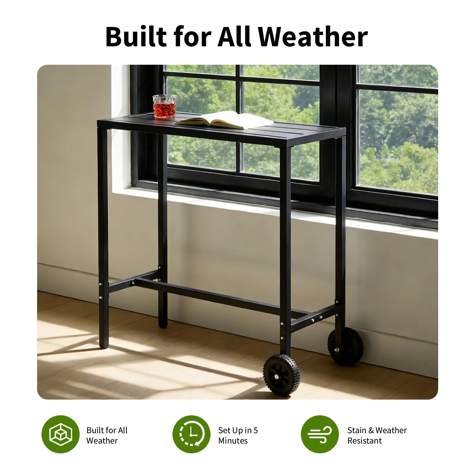 Garvee Bartisch 99 cm, Mit Rollen & Verstellbaren Füßen, Stahl, Wetterfest, Für Balkon & Patio, Schwarz