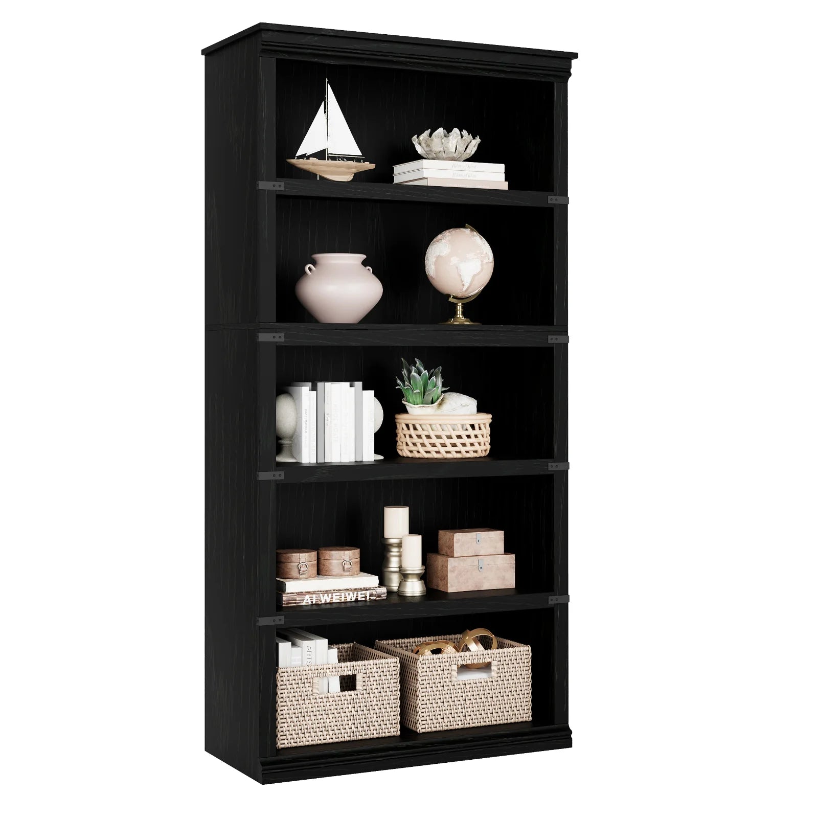 Garvee Bücherregal 171 cm, 5-stöckiges Standregal im Landhausstil, offenes Holzregal mit 5 Ablagen und Stauraum, für Homeoffice, Wohnzimmer & Schlafzimmer, Schwarz
