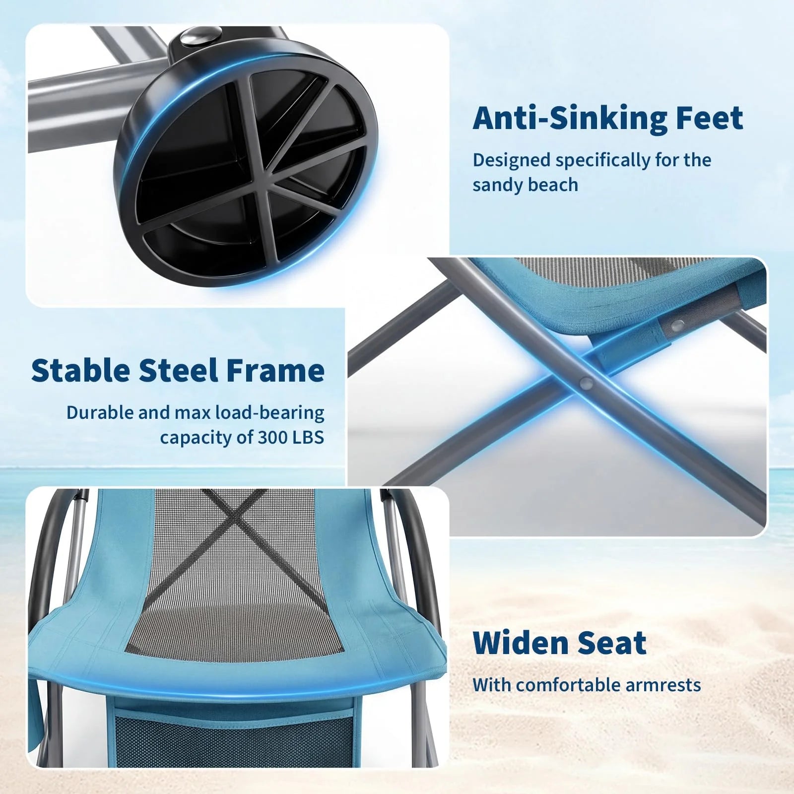Garvee 4er-Set Strandstühle faltbar, verstellbare Campingstühle mit hoher Rückenlehne, Rucksackgurten, Getränkehalter und 150 kg Tragkraft, für Strand, Camping & Garten