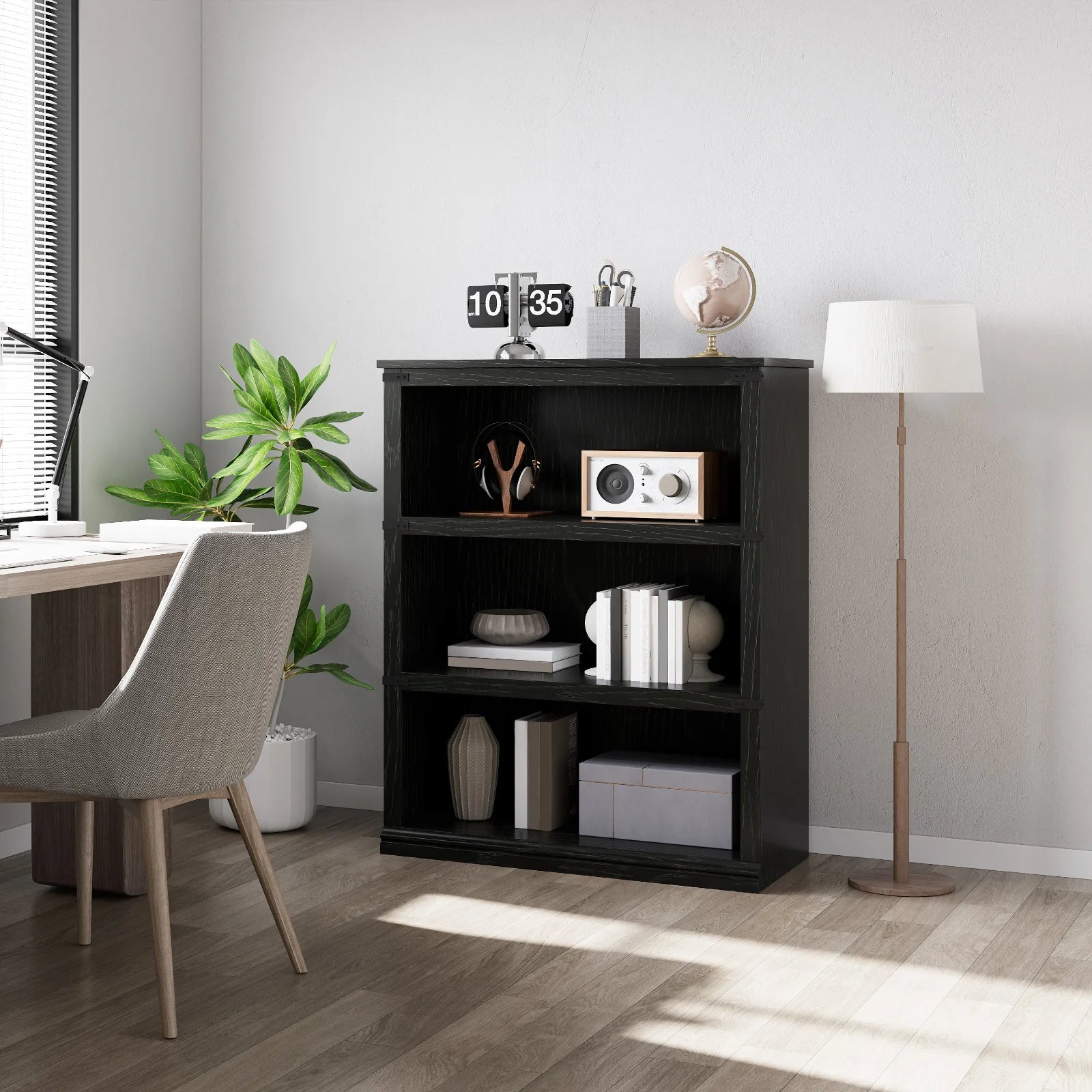 Garvee Bücherregal 4 Ebenen 80 x 32 x 102 cm, breites Standregal aus Holz mit 3 Regalbereichen, stabiles Aufbewahrungsregal im Industrie-Look, Schwarz