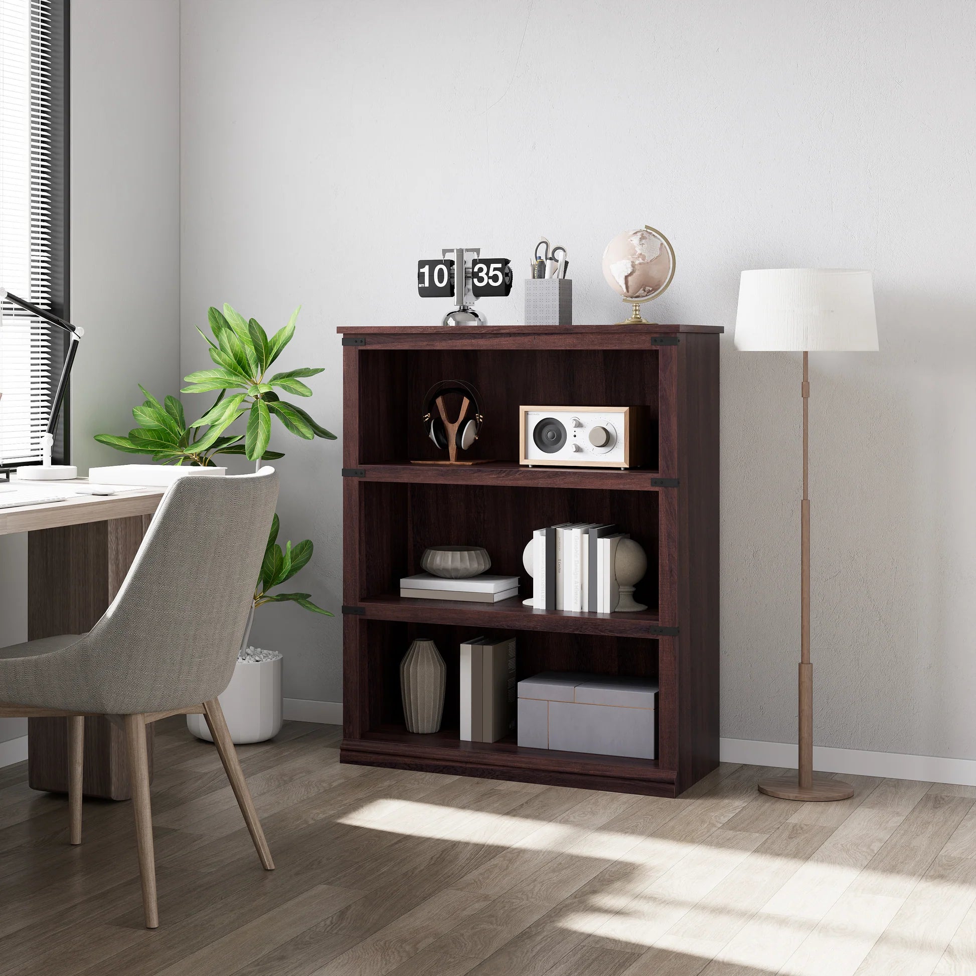 Garvee Bücherregal 4 Ebenen 80 x 32 x 102 cm, breites Standregal aus Holz mit 3 Regalbereichen, stabiles Aufbewahrungsregal im Industrie-Look, Kirschbaum