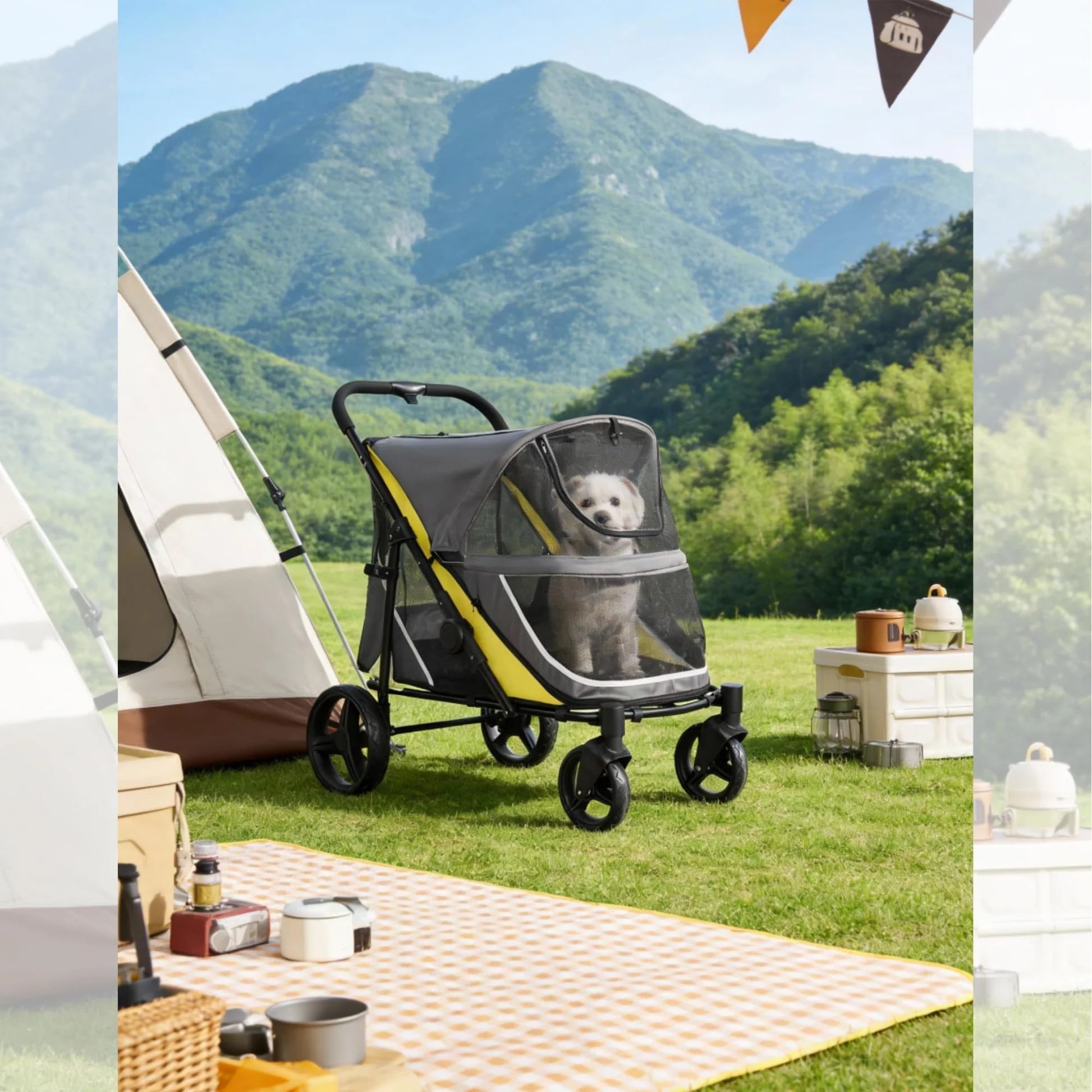 Garvee Hundebuggy für große Hunde 90 × 60 × 51 cm, faltbarer Haustierbuggy mit Aluminiumrahmen, 360° schwenkbaren Rädern und atmungsaktivem Mesh, Grau