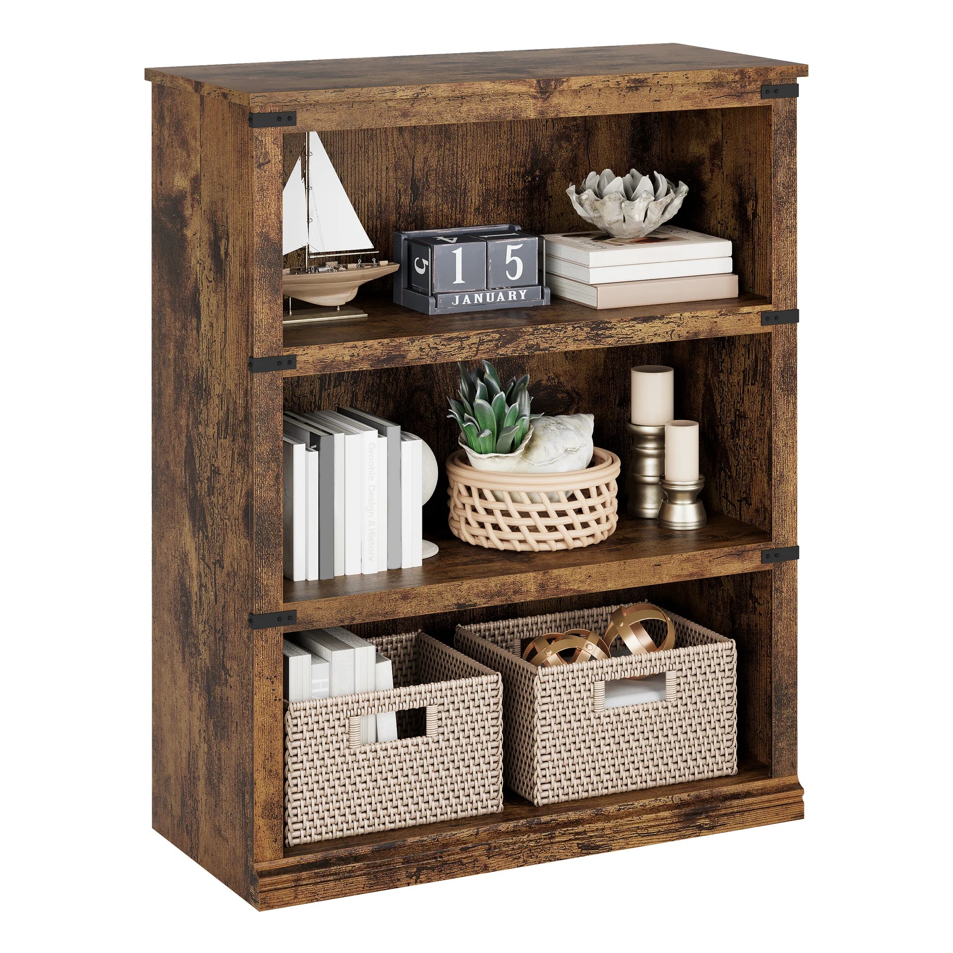 Garvee Bücherregal 4 Ebenen 80 x 32 x 102 cm, breites Standregal aus Holz mit 3 Regalbereichen, stabiles Aufbewahrungsregal im Industrie-Look, Vintage