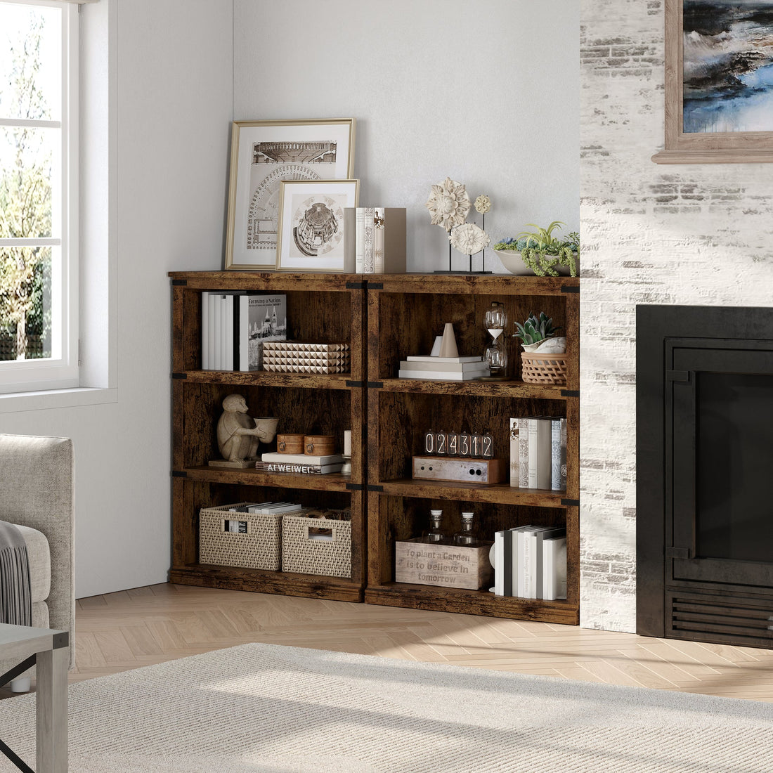 Garvee Bücherregal 4 Ebenen 80 x 32 x 102 cm, breites Standregal aus Holz mit 3 Regalbereichen, stabiles Aufbewahrungsregal im Industrie-Look, Vintage