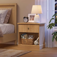 GARVEE Nachtschrank mit Schublade, Wellen-Design, Modernes Nachtkästchen für Schlafzimmer & Wohnzimmer, Bräunlich-weiß, 58 × 40 × 61 cm
