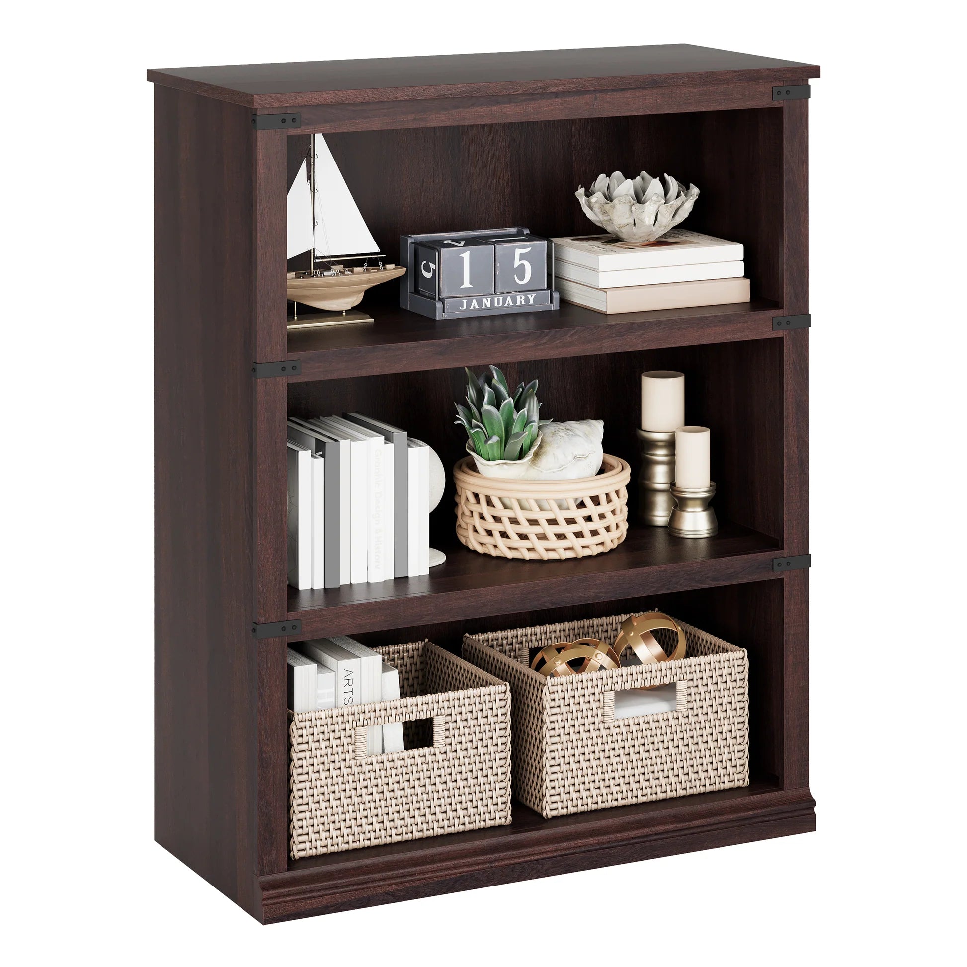 Garvee Bücherregal 4 Ebenen 80 x 32 x 102 cm, breites Standregal aus Holz mit 3 Regalbereichen, stabiles Aufbewahrungsregal im Industrie-Look, Kirschbaum