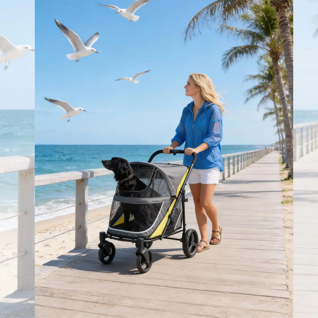 Garvee Hundebuggy für große Hunde 90 × 60 × 51 cm, faltbarer Haustierbuggy mit Aluminiumrahmen, 360° schwenkbaren Rädern und atmungsaktivem Mesh, Grau