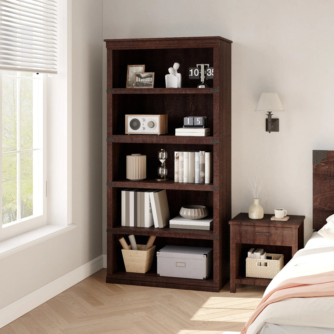 Garvee Bücherregal 171 cm, 5-stöckiges Standregal im Landhausstil, offenes Holzregal mit 5 Ablagen und Stauraum, für Homeoffice, Wohnzimmer & Schlafzimmer, Rotbraun