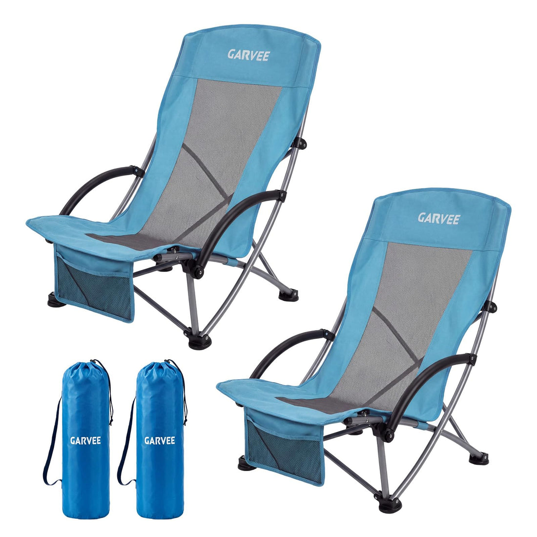 Garvee 2er-Set Strandstühle faltbar, verstellbare Campingstühle mit hoher Rückenlehne, Rucksackgurten, Getränkehalter und 150 kg Tragkraft, für Strand, Camping & Garten