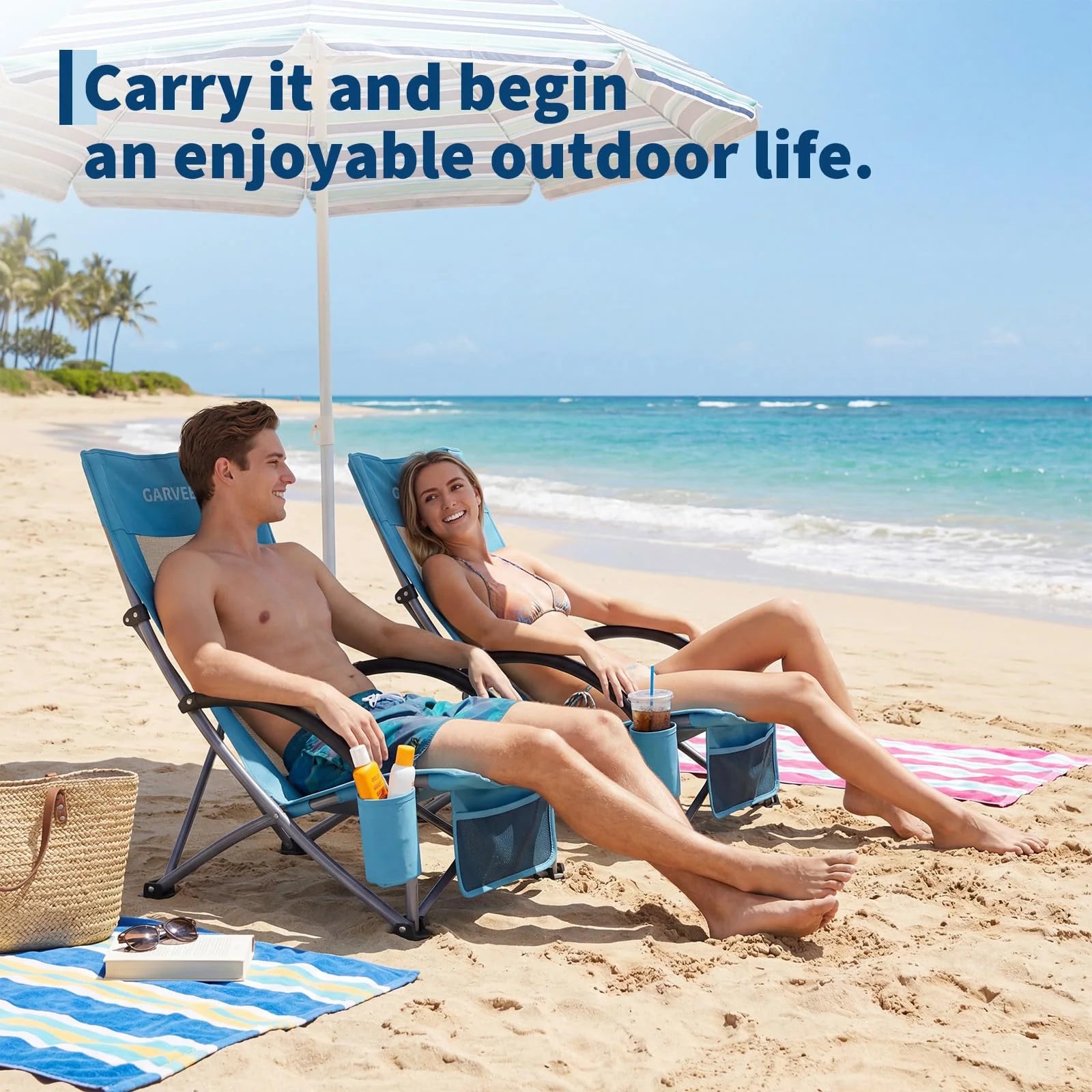 Garvee 4er-Set Strandstühle faltbar, verstellbare Campingstühle mit hoher Rückenlehne, Rucksackgurten, Getränkehalter und 150 kg Tragkraft, für Strand, Camping & Garten