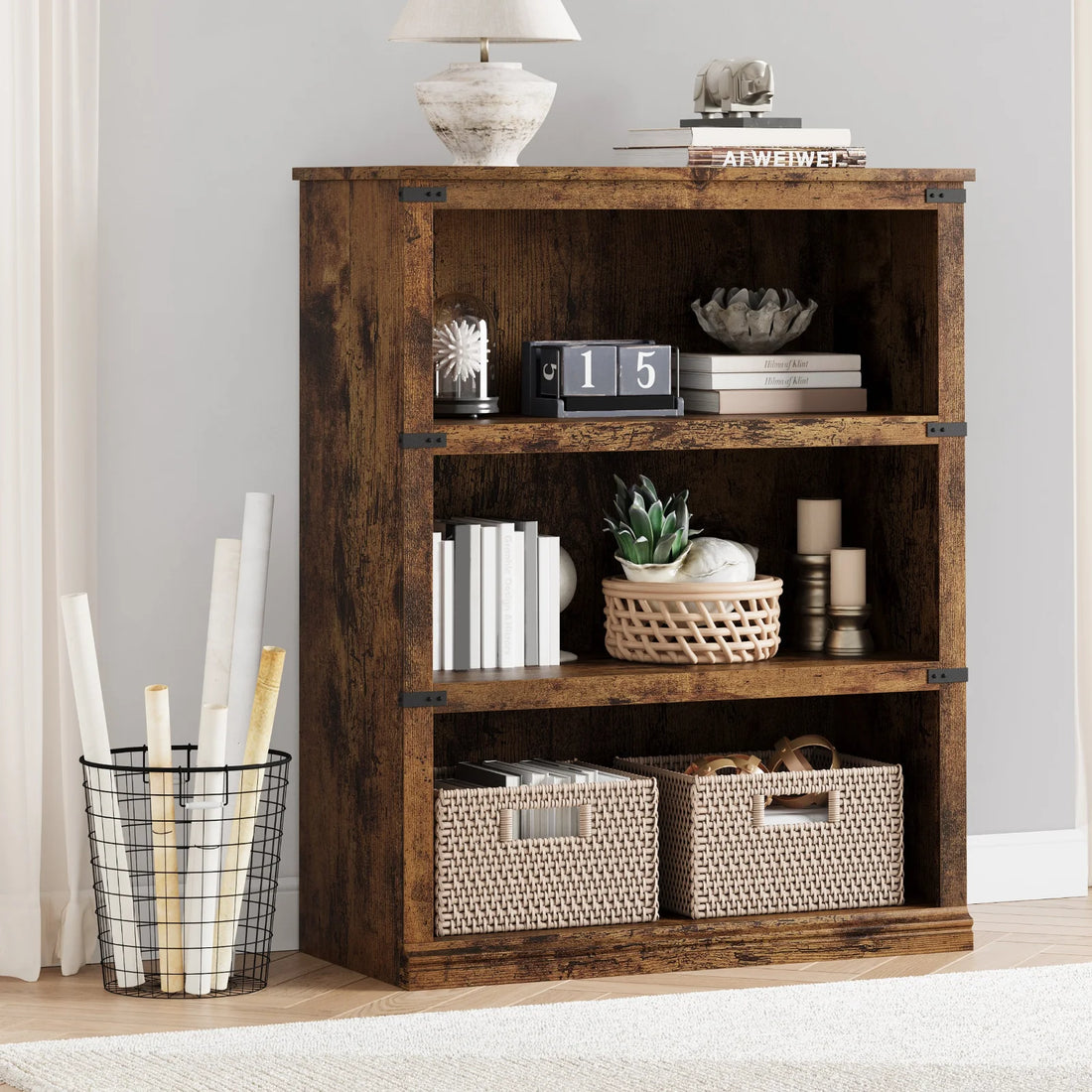 Garvee Bücherregal 4 Ebenen 80 x 32 x 102 cm, breites Standregal aus Holz mit 3 Regalbereichen, stabiles Aufbewahrungsregal im Industrie-Look, Vintage