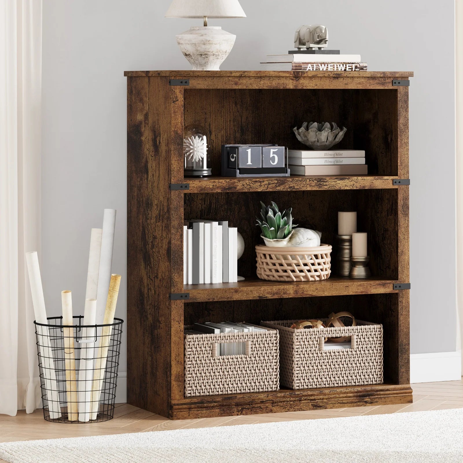 Garvee Bücherregal 4 Ebenen 80 x 32 x 102 cm, breites Standregal aus Holz mit 3 Regalbereichen, stabiles Aufbewahrungsregal im Industrie-Look, Vintage