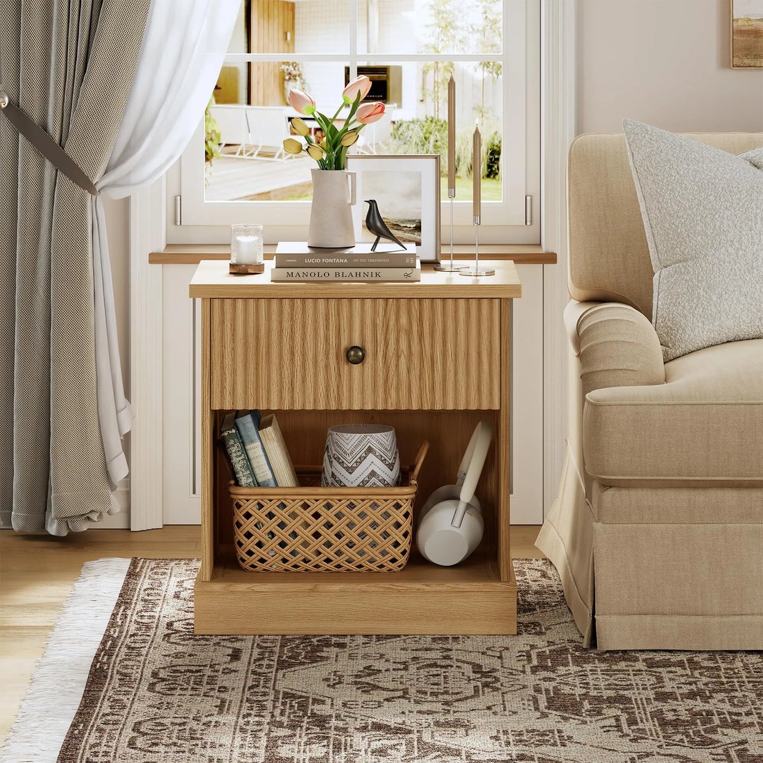GARVEE Nachtschrank mit Schublade, Wellen-Design, Modernes Nachtkästchen für Schlafzimmer & Wohnzimmer, Bräunlich-weiß, 58 × 40 × 61 cm
