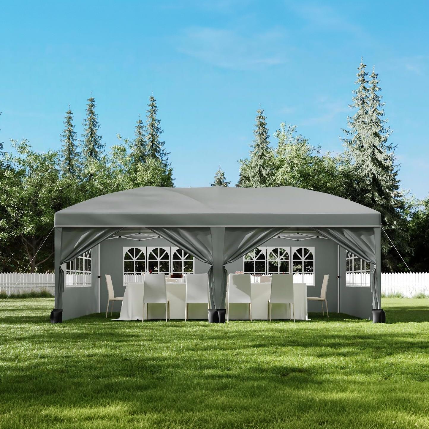 GARVEE Partyzelt 3×6 m, wasserdichter 420D Oxford Faltpavillon mit 6 Seitenwänden, verstärktem Stahlrahmen, 3-fach höhenverstellbar, Hellgrau