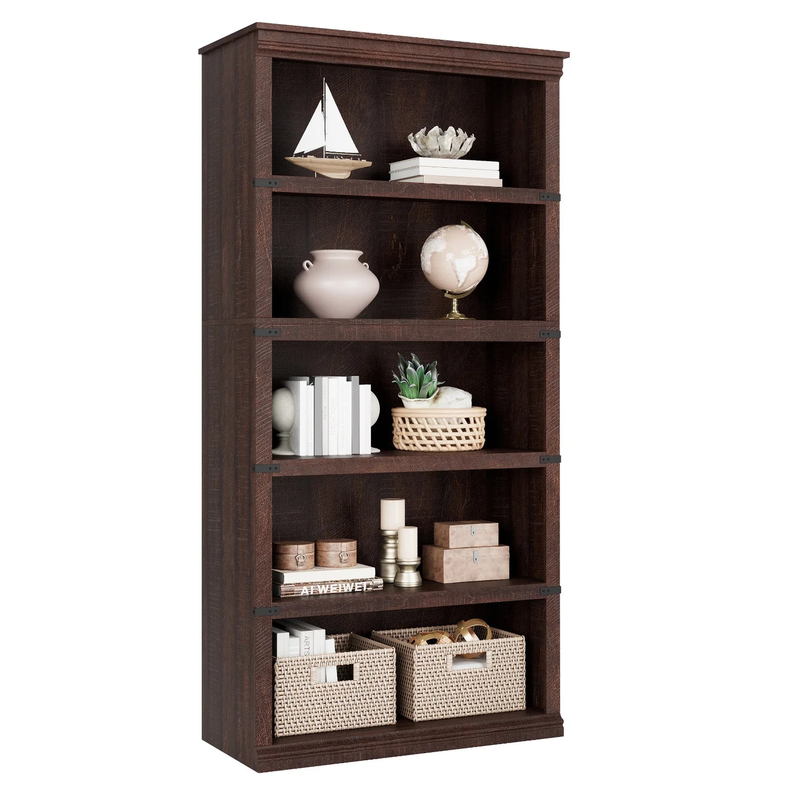 Garvee Bücherregal 171 cm, 5-stöckiges Standregal im Landhausstil, offenes Holzregal mit 5 Ablagen und Stauraum, für Homeoffice, Wohnzimmer & Schlafzimmer, Rotbraun
