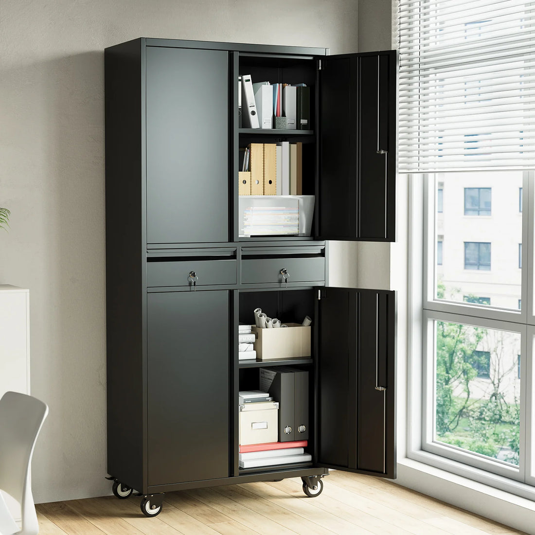 Garvee abschließbarer Metallschrank 180 cm, mobiler Aktenschrank mit feststellbaren Rollen, 2 Schubladen und verstellbaren Einlegeböden, robuster Lagerschrank für Büro, Garage & Werkstatt, Schwarz