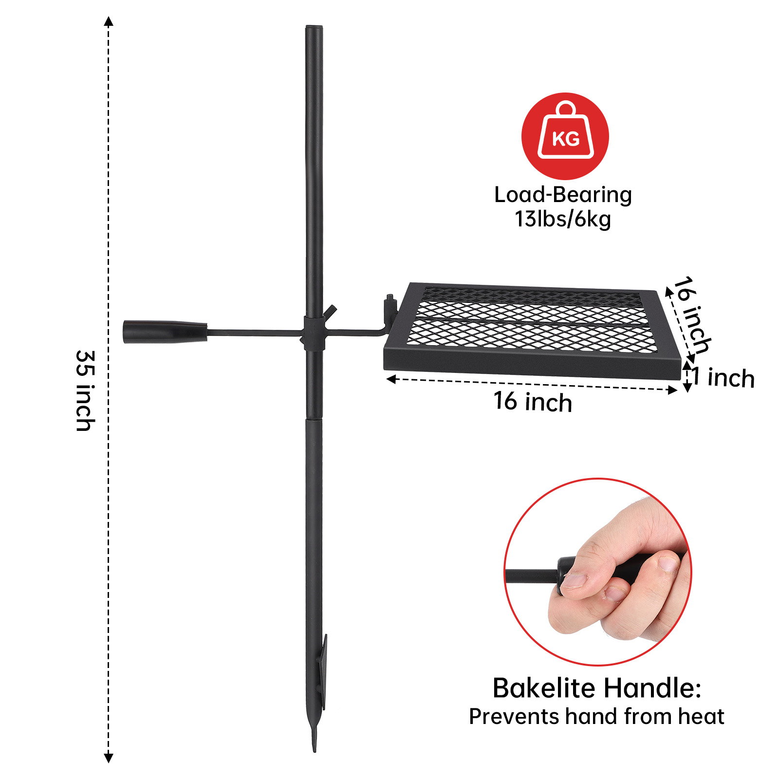 Garvee Drehbarer Campfire Grill 41 × 41 cm, Stahl, 360° Drehung, Höhenverstellbar, Quadratisch
