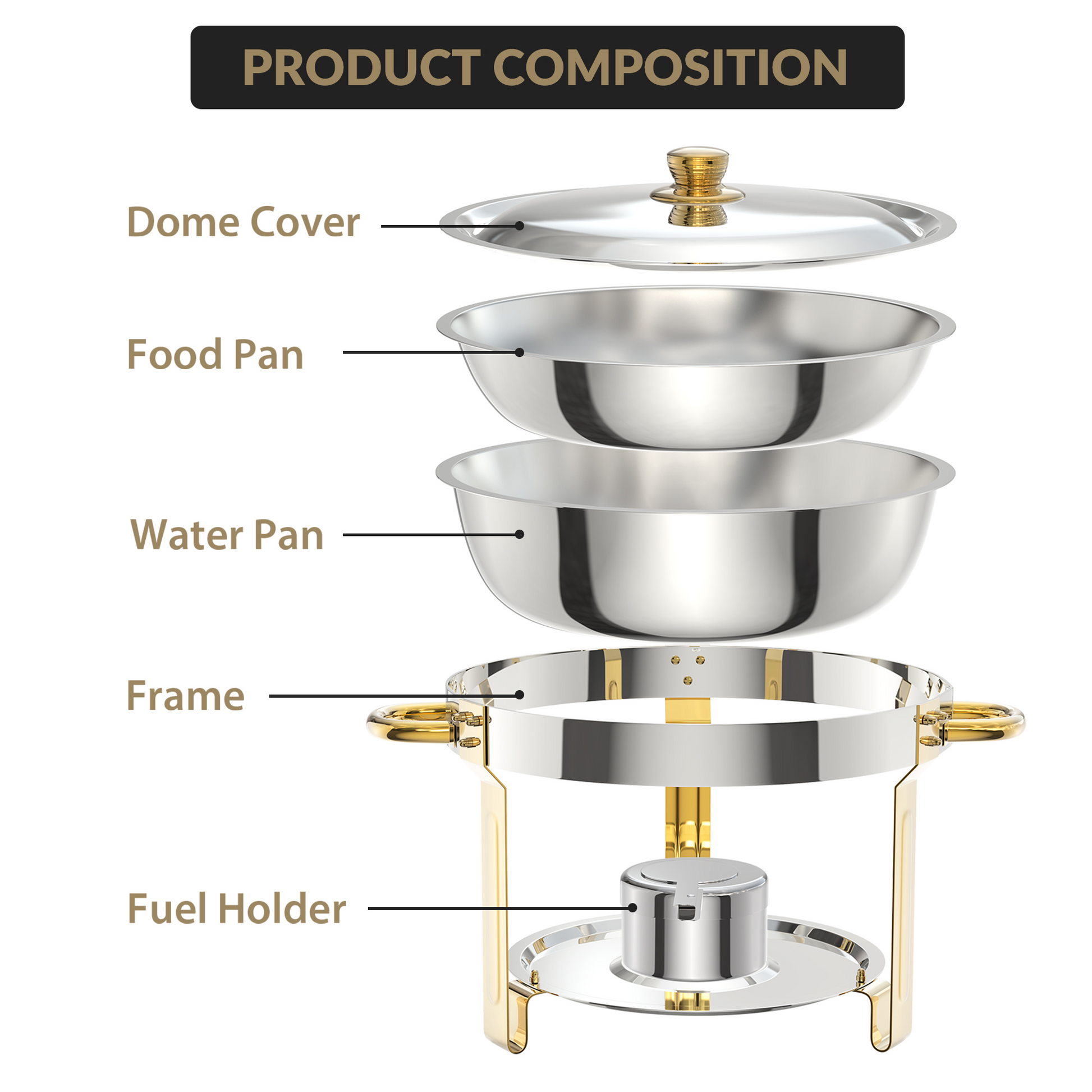 Garvee 5Qt Edelstahl Chafing Dish Set 4-teilig, Kuppeldeckel Buffetwärmer für Catering, Hochzeiten, Partys - Komplettset für Veranstaltungen