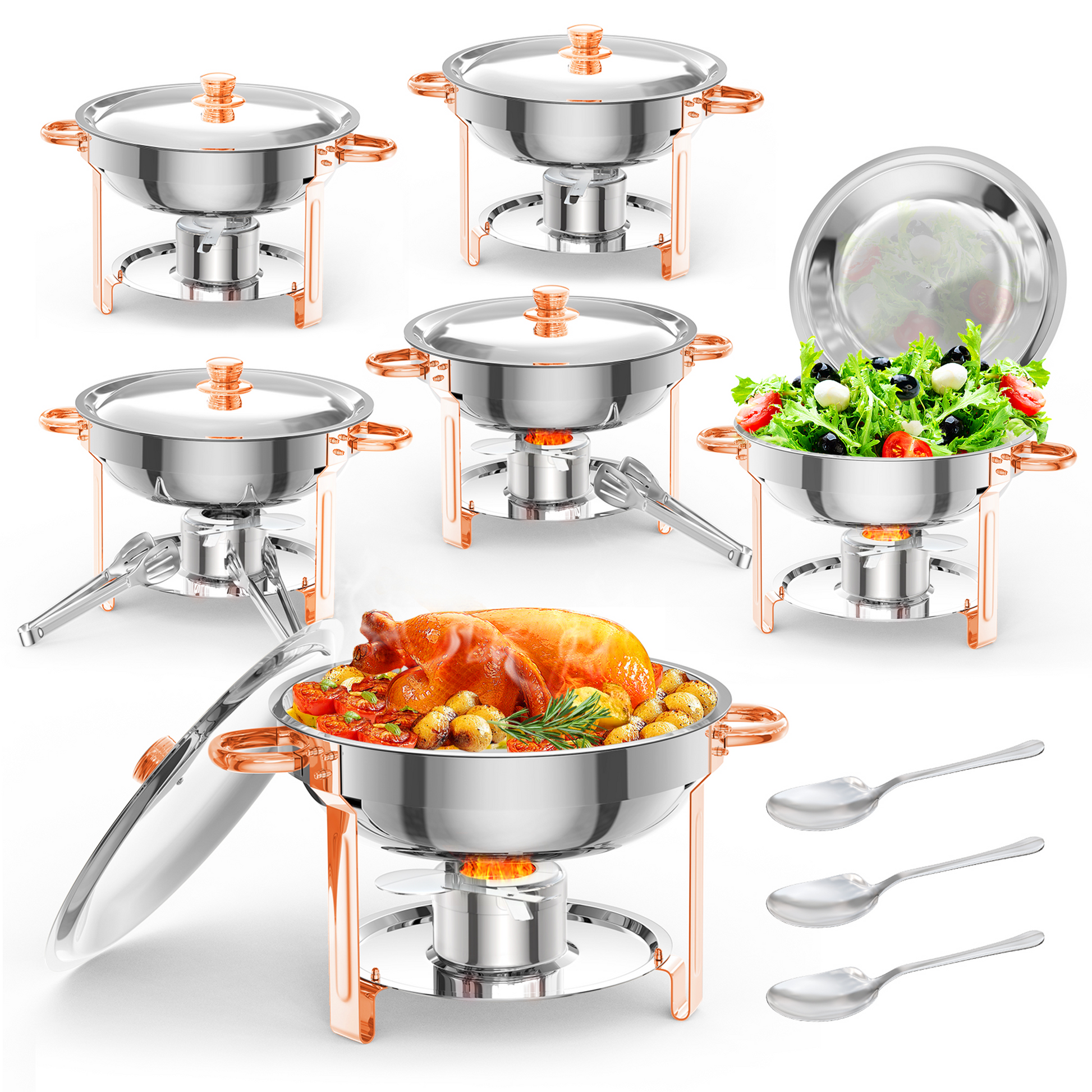 Garvee 6er Set Runde Chafing Dishes 5QT Edelstahl Rose Gold Warmhalteplatten Rundes Design Für Catering Hochzeit Event