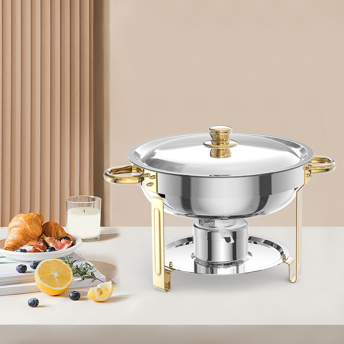 Garvee Chafing Dish 4er-Set, je 4,7 L aus Edelstahl, rund mit Kuppeldeckel, Buffet-Speisenwärmer für Catering und Feiern