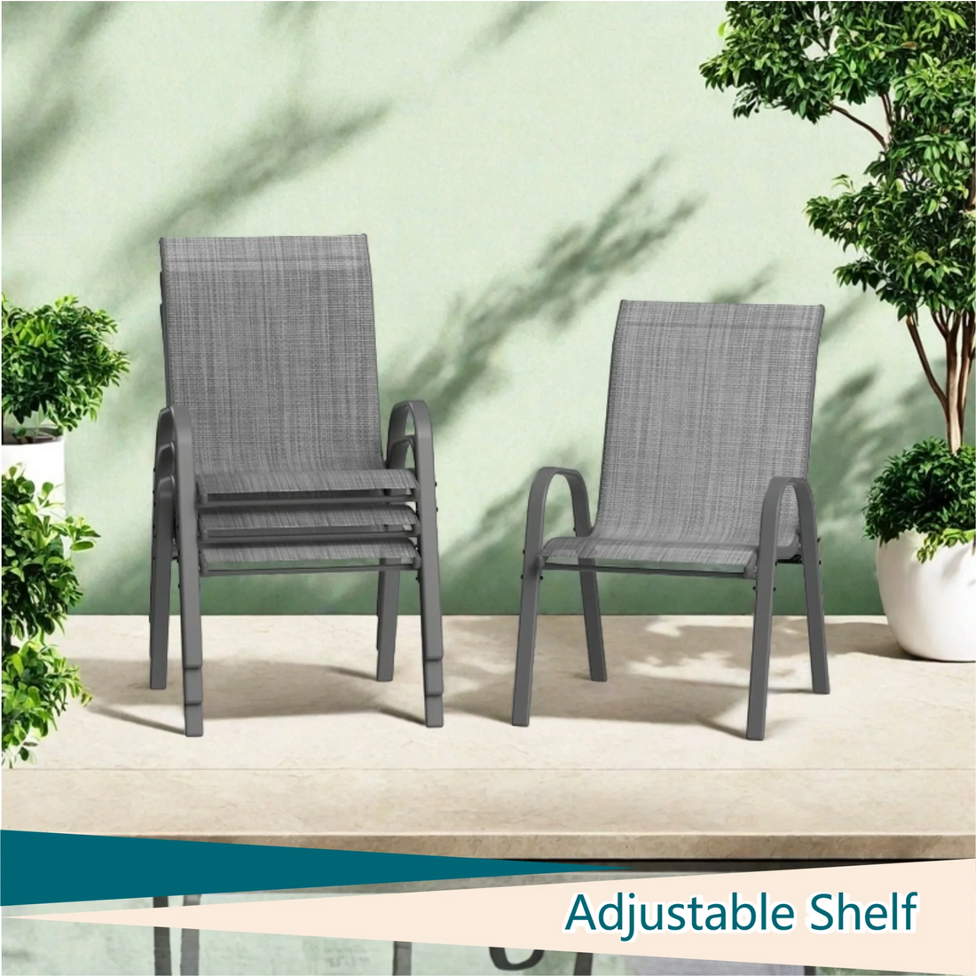 Garvee Stapelstühle Outdoor Set 4, Metallrahmen, Textilene, Atmungsaktiv, Für Garten & Terrasse, Grau