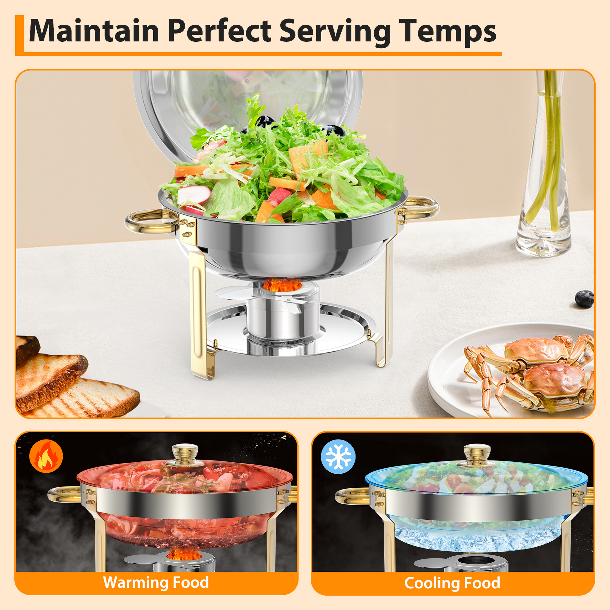 Garvee 5Qt Edelstahl Chafing Dish Set 4-teilig, Kuppeldeckel Buffetwärmer für Catering, Hochzeiten, Partys - Komplettset für Veranstaltungen