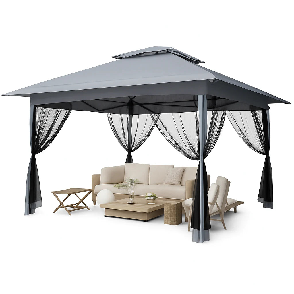 GARVEE Pop-Up Gazebo 4×4 m, Faltpavillon mit Moskitonetz, Robustes Stahlgestell, Wetterfest und Stabil für Garten, Terrasse und Outdoor-Events, Grau