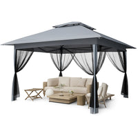 GARVEE Pop-Up Gazebo 4×4 m, Faltpavillon mit Moskitonetz, Robustes Stahlgestell, Wetterfest und Stabil für Garten, Terrasse und Outdoor-Events, Grau