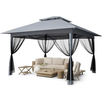 GARVEE Pop-Up Gazebo 4×4 m, Faltpavillon mit Moskitonetz, Robustes Stahlgestell, Wetterfest und Stabil für Garten, Terrasse und Outdoor-Events, Grau