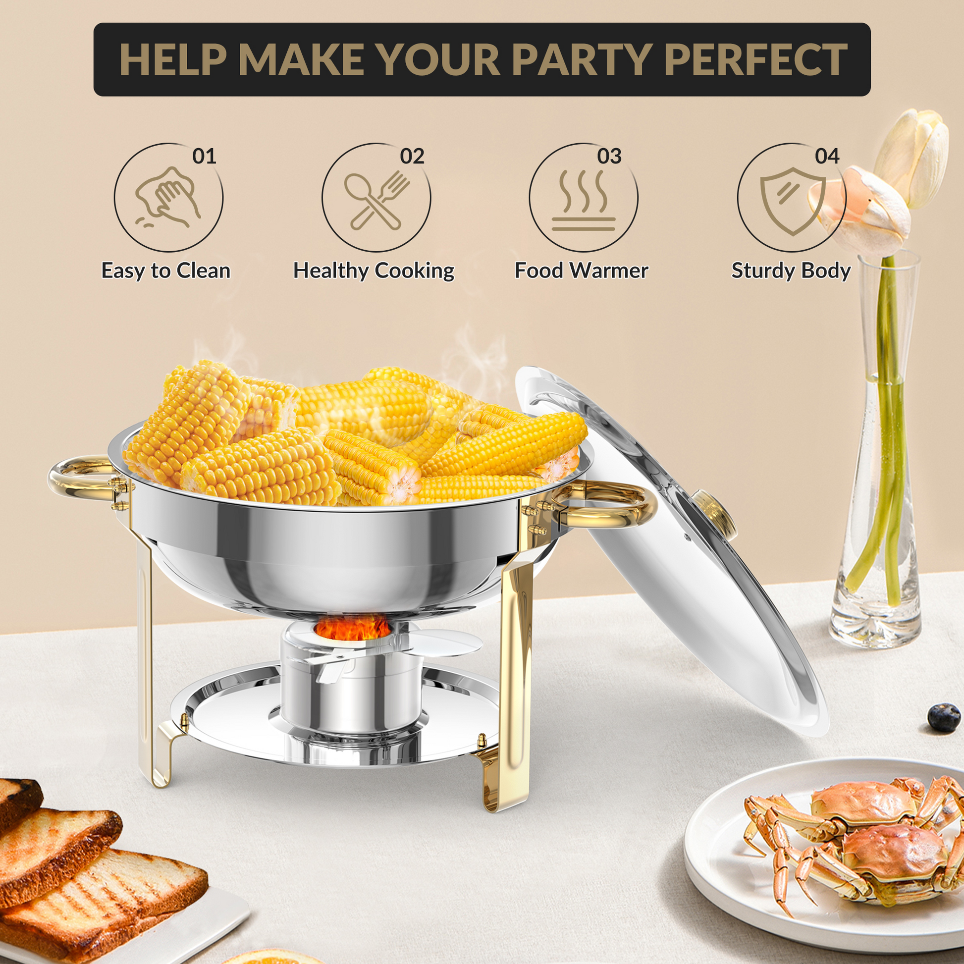 Garvee 5Qt Edelstahl Chafing Dish Set 4-teilig, Kuppeldeckel Buffetwärmer für Catering, Hochzeiten, Partys - Komplettset für Veranstaltungen