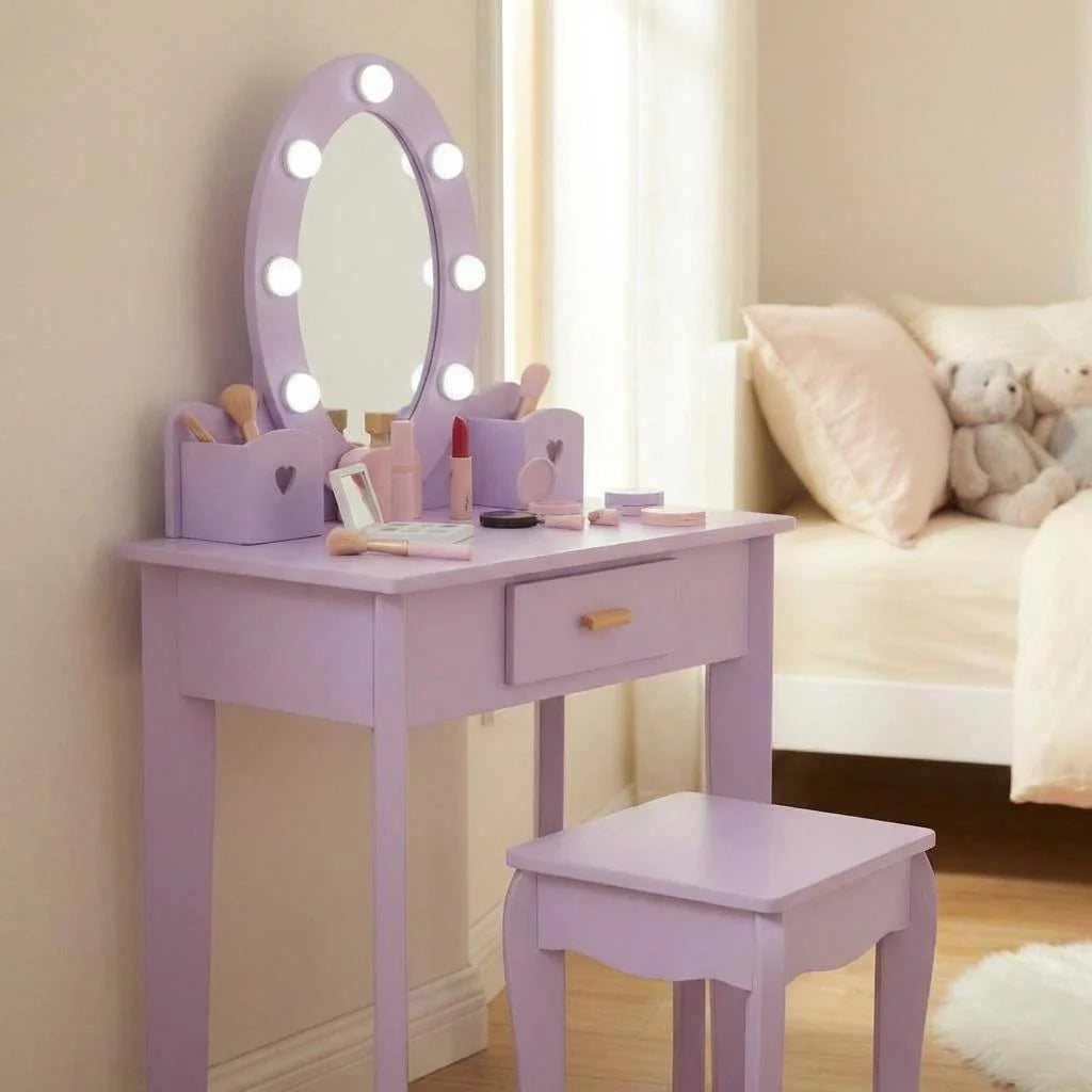 Garvee Kinder Schminktisch Set Mit LED Spiegel & Hocker, MDF Holz, Lila, Für 4–9 Jahre