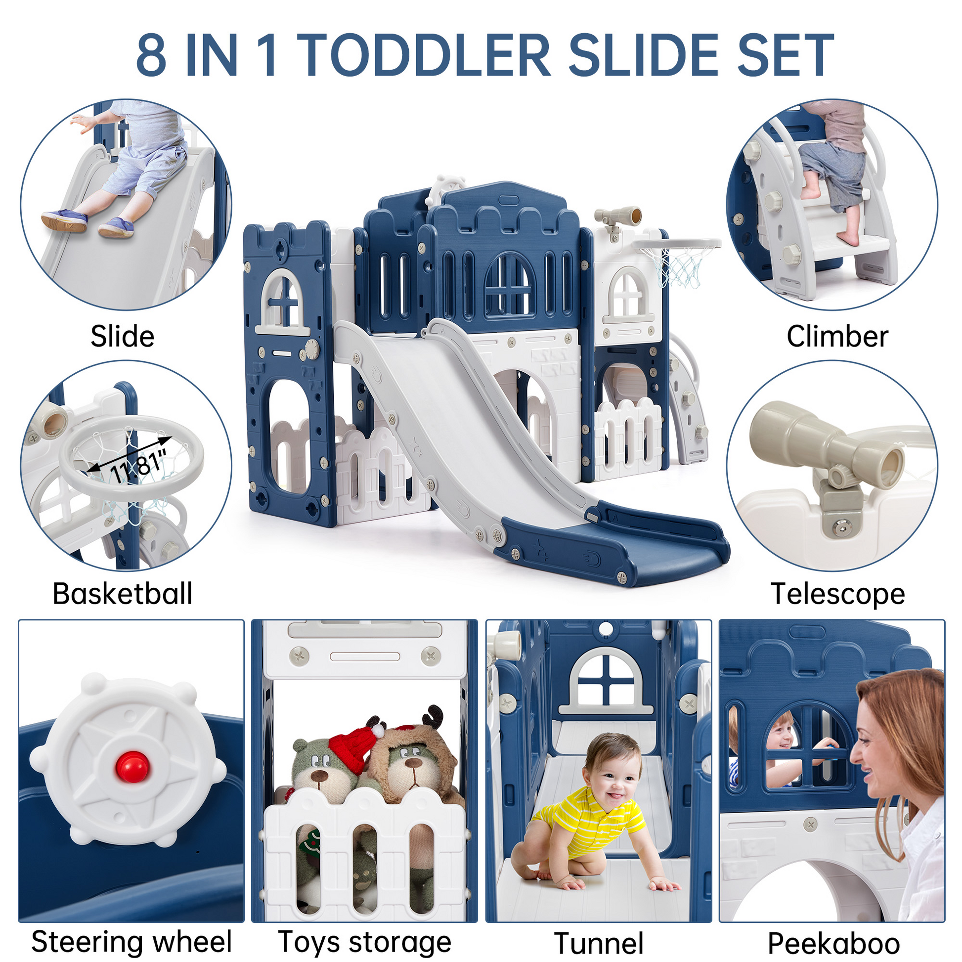 Garvee 8-in-1 Kinder Rutsche – Klettern, Basketballkorb, Tunnel, Stauraum, Modernes Design, 1–3 Jahre