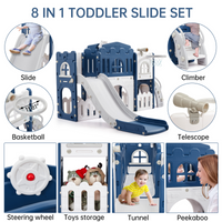 Garvee 8-in-1 Kinder Rutsche – Klettern, Basketballkorb, Tunnel, Stauraum, Modernes Design, 1–3 Jahre