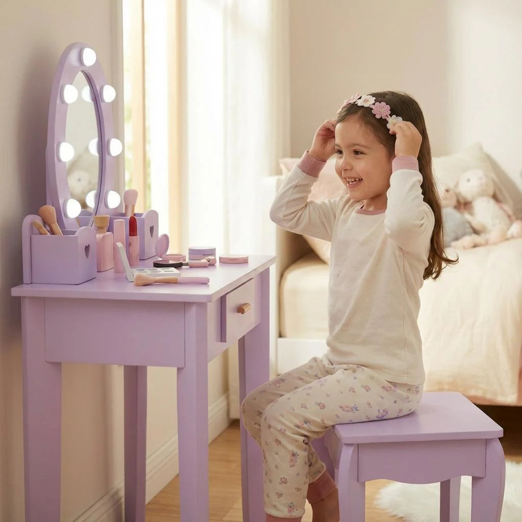 Garvee Kinder Schminktisch Set Mit LED Spiegel & Hocker, MDF Holz, Lila, Für 4–9 Jahre
