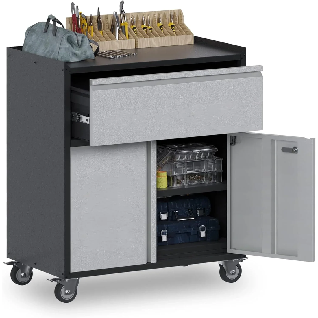 GARVEE Mobiler Werkzeugschrank aus Metall mit Schublade & 360° Rollen - 77x46x80cm