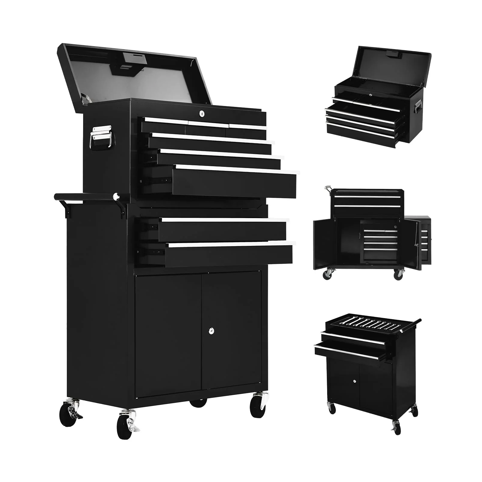 Garvee Werkzeugschrank 8 Schubladen Rollbar, 2-in-1, Metall, Abschließbar, 62 cm, Schwarz